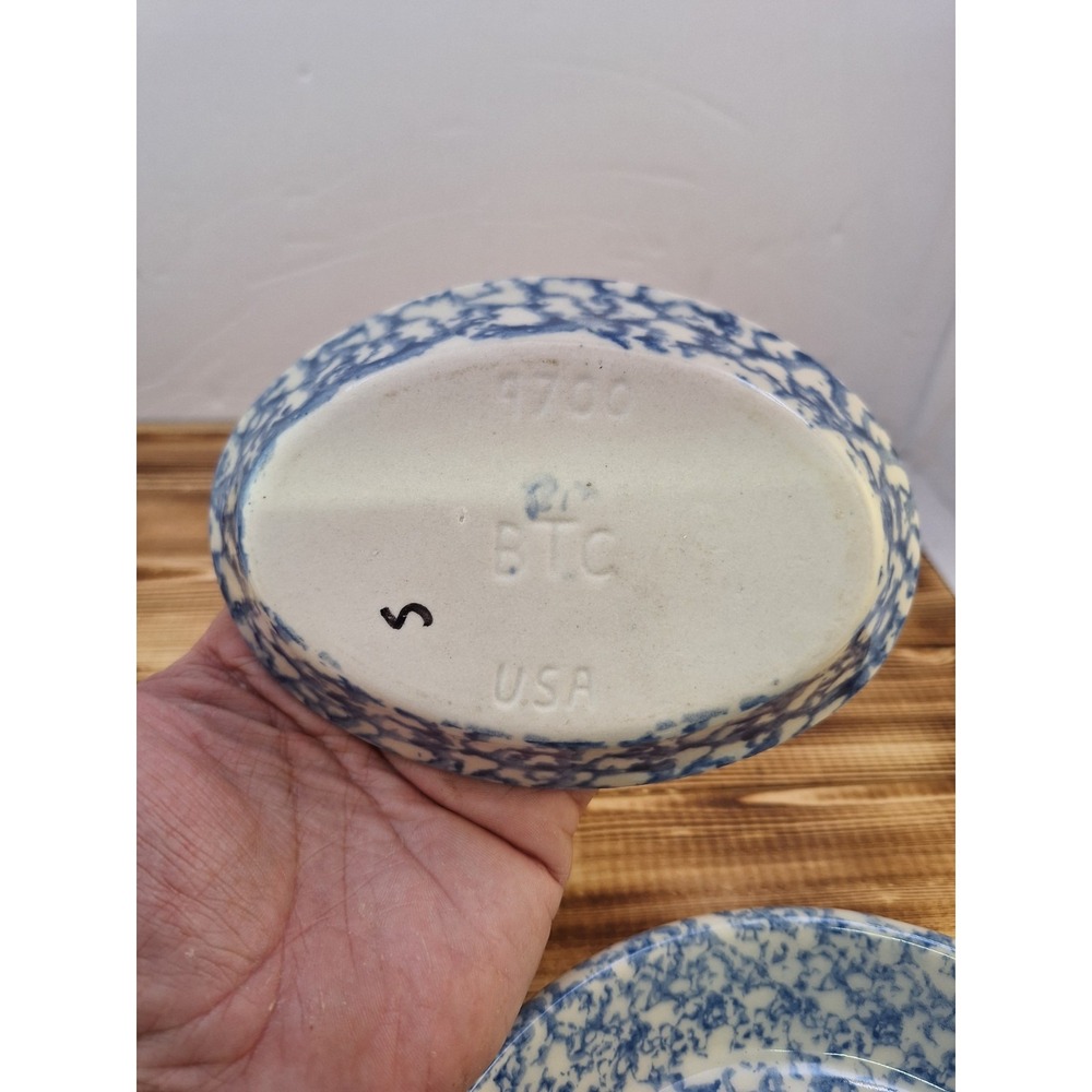 x2 Bel-Terr China BTC USA Blue Spongeware Pottery Circle 92187 Oval 9700 Lot Set - Picture 5 of 10